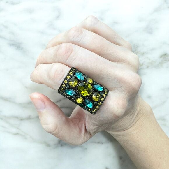 Green & Blue Glass Rhinestone Statement Ring Brass Tone Gallery Adjustable Sz 8 - Picture 2 of 4